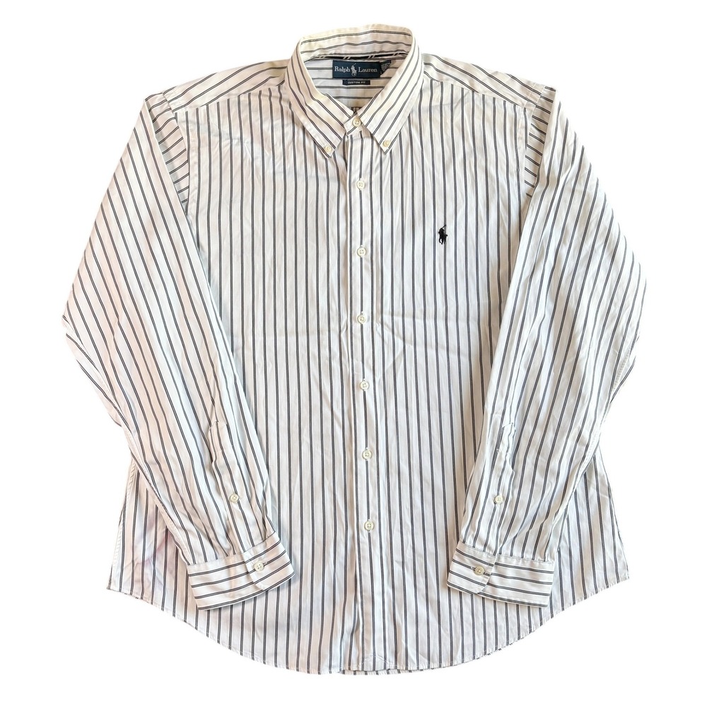 Ralph Lauren Mens XL Custom Fit Striped Button Down Shirt White Navy Blue Cotton